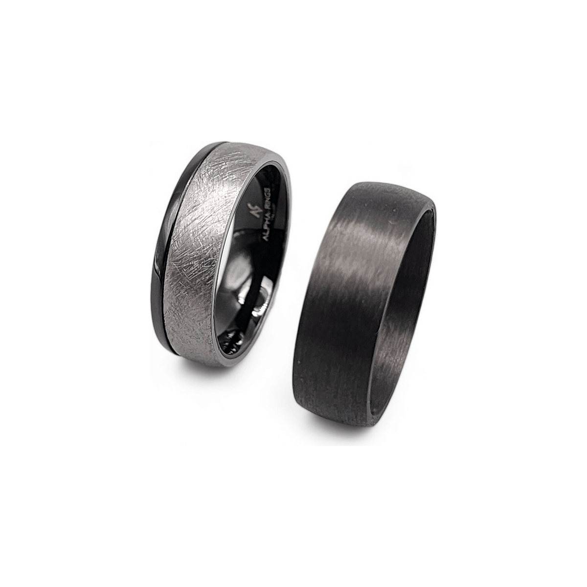 The Eclipse 8mm Brushed Tantalum Wedding Band with Black Stainless Sleeve men's wedding band – detail shot