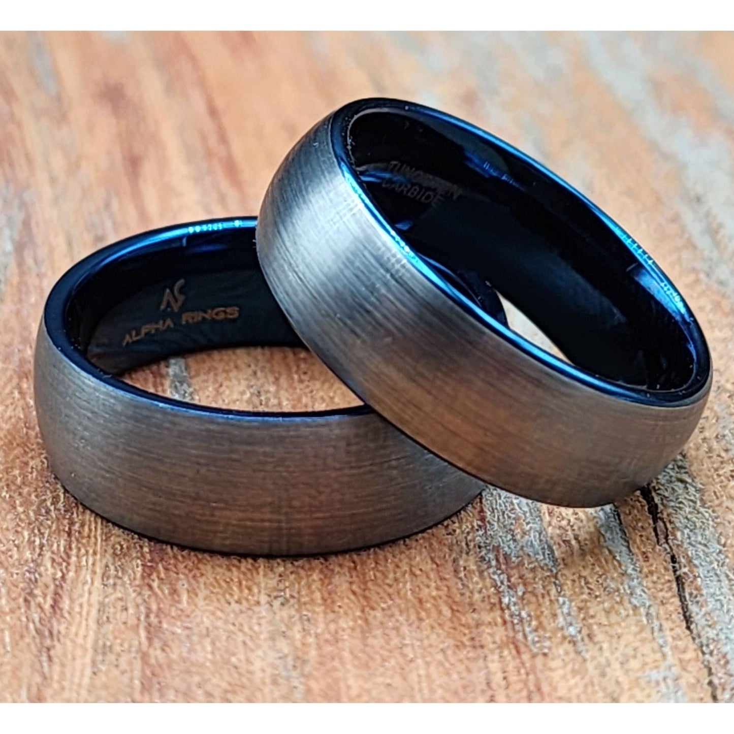 The Enforcer | Men's Silver Tungsten Carbide Wedding Band with Brushed Finish and Deep Blue Inner Sleeve - Alpha Rings