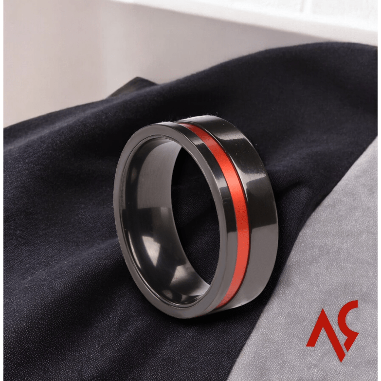 The Guardian | Men's Black Zirconium Wedding Band with Striking Red Accent and Comfort Fit - Alpha Rings