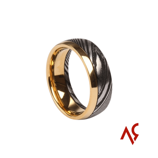 The Pathfinder | Men's Stainless Damascus Steel Wedding Band with Gold Plated and Sophisticated Design - Alpha Rings
