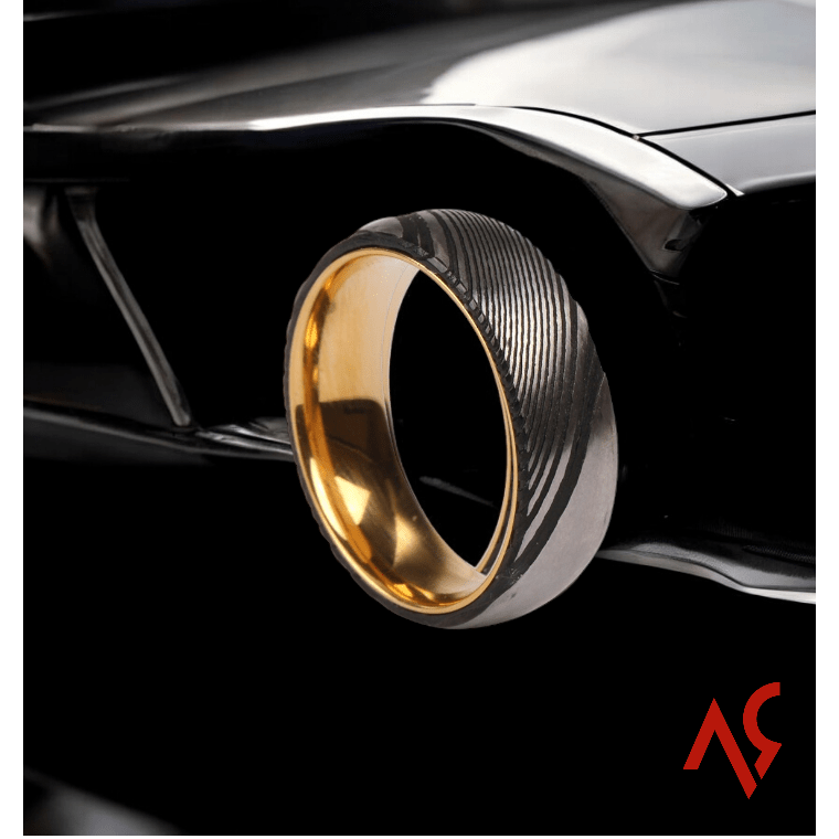 The Sentinel | Men's Stainless Damascus Steel Wedding Band with Timeless Design and Gold Inner Detail - Alpha Rings