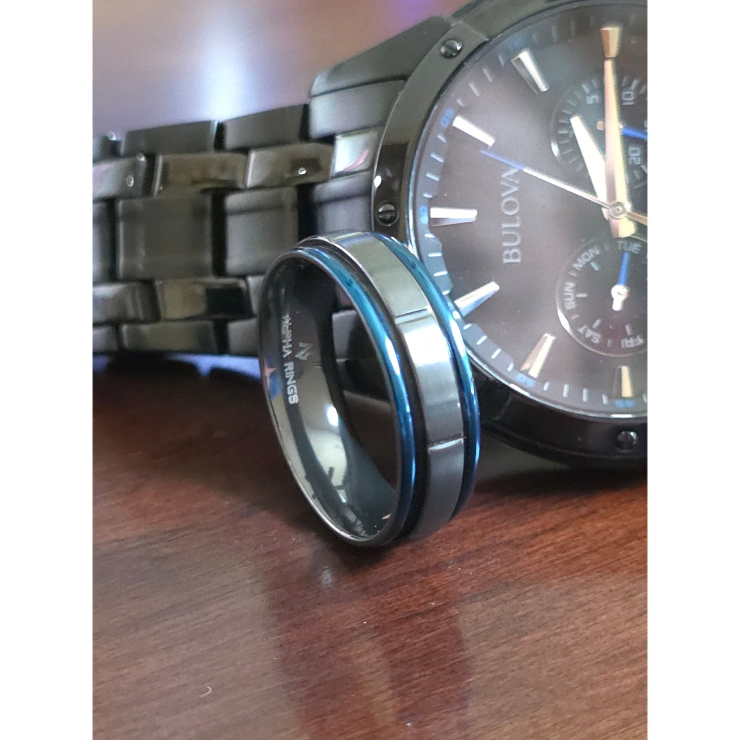 The Specter | Men's Black Zirconium Wedding Band with Deep Blue Accent and Comfort Fit - Alpha Rings