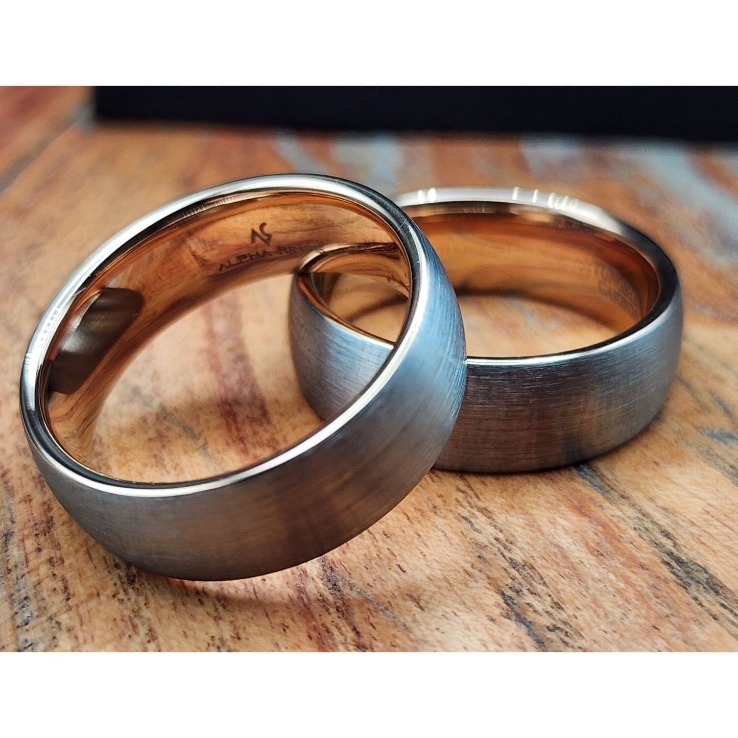 The Vanguard | Men's Brushed Tungsten Carbide Ring Wedding Band with Rose Gold - Colored Inner Sleeve - Alpha Rings