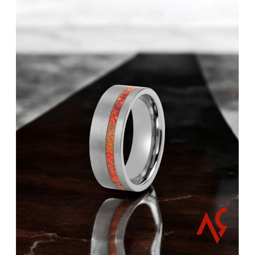 The Vortex | Men's Brushed Tungsten Wedding Band with Orange Opal Inlay and Comfort Fit - Alpha Rings