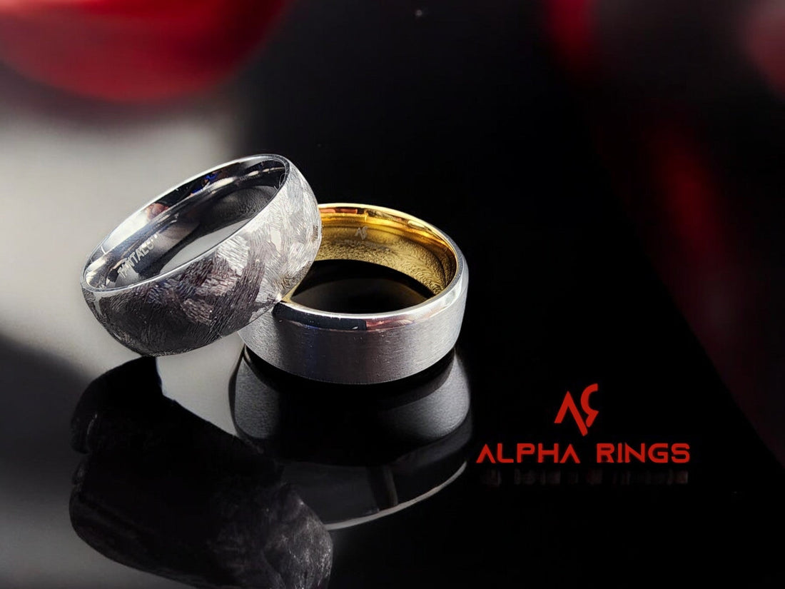 Tantalum, tungsten, and titanium men's wedding bands side by side