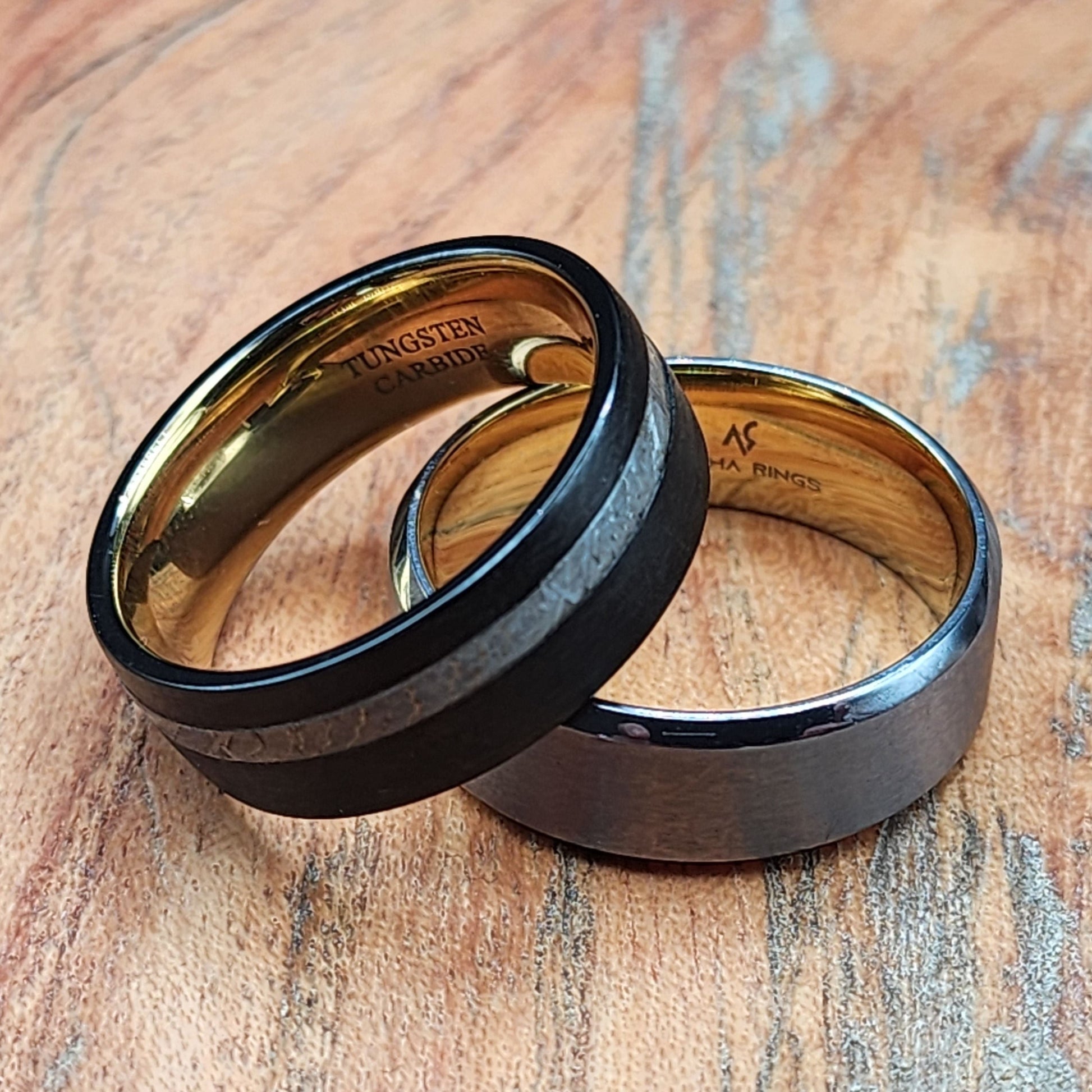 The Dominator | Men's Black Tungsten Wedding Band with Meteorite Inlay and Gold Inner Sleeve