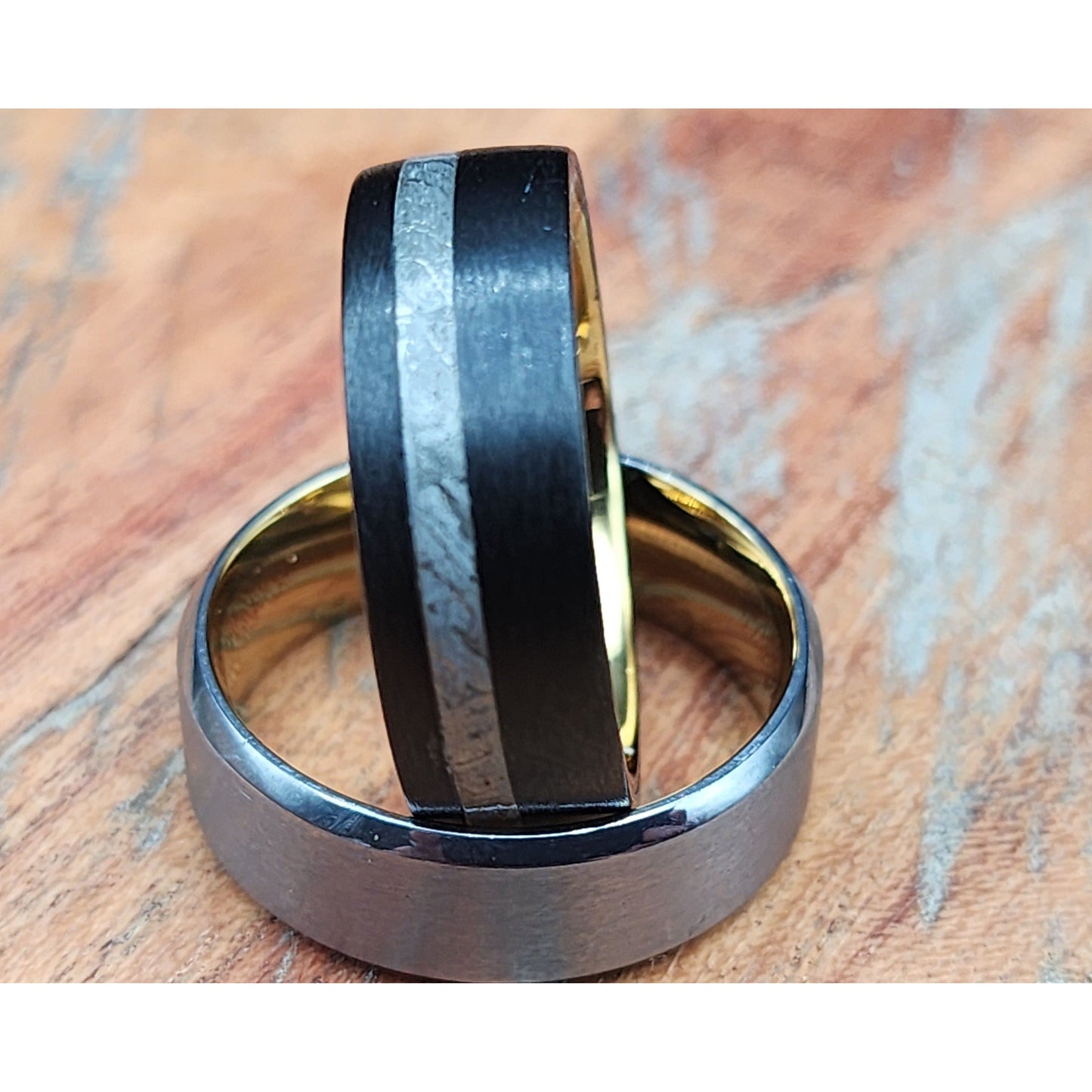 The Dominator | Men's Black Tungsten Wedding Band with Meteorite Inlay and Gold Inner Sleeve