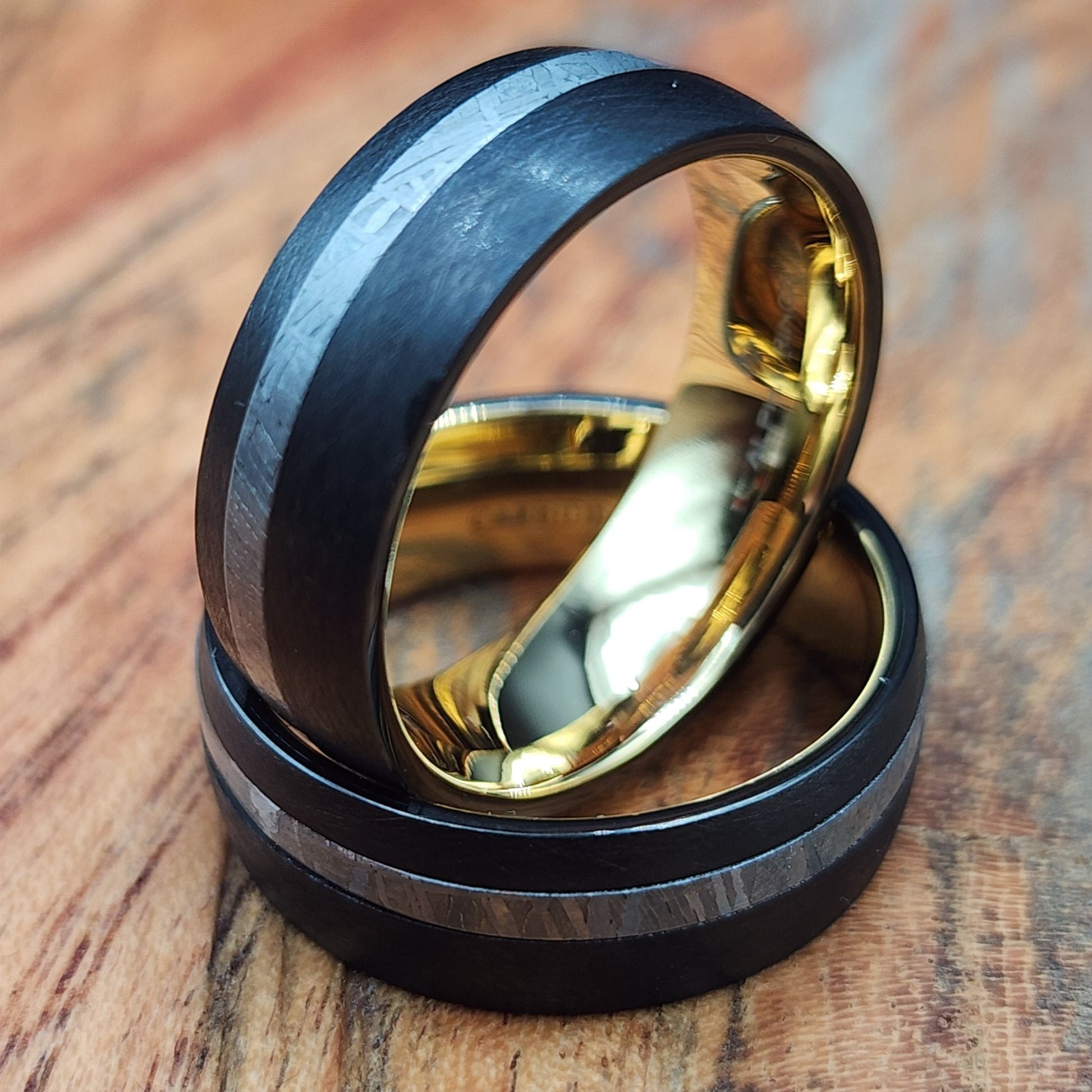 The Dominator | Men's Black Tungsten Wedding Band with Meteorite Inlay and Gold Inner Sleeve