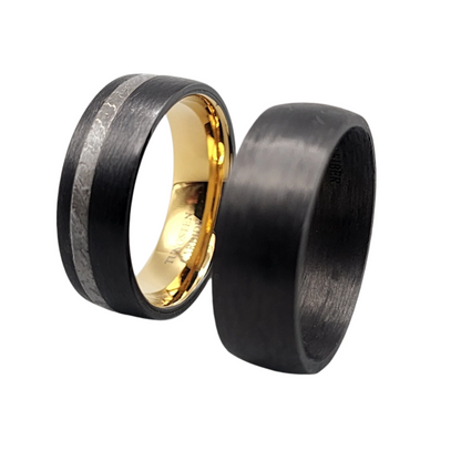 The Dominator | Men's Black Tungsten Wedding Band with Meteorite Inlay and Gold Inner Sleeve