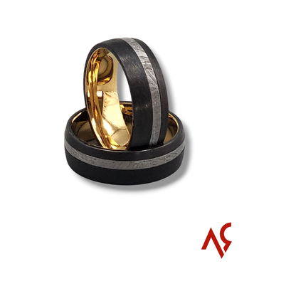 The Dominator | Men's Black Tungsten Wedding Band with Meteorite Inlay and Gold Inner Sleeve