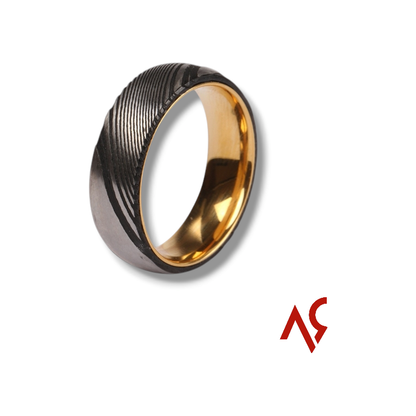 The Sentinel | Men's Stainless Damascus Steel Wedding Band with Timeless Design and Gold Inner Detail