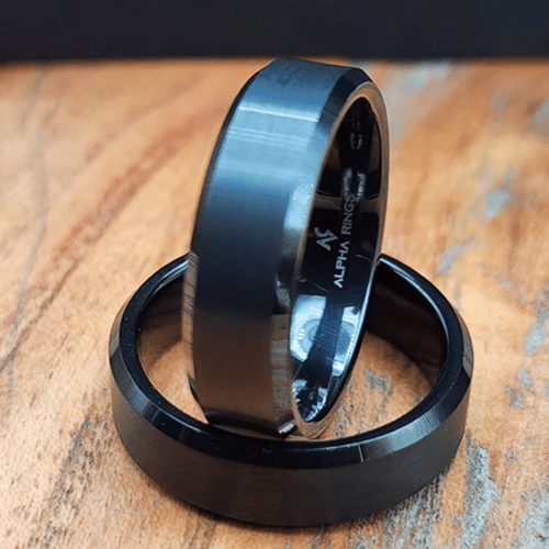 Maverick | Men's Black and Silver - Colored Tungsten Carbide Wedding Band with Beveled Edges and Comfort Fit - Alpha Rings