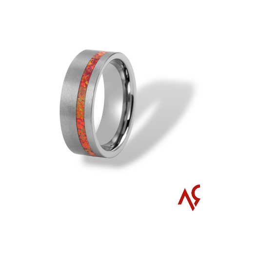 The Vortex | Men's Brushed Tungsten Wedding Band with Orange Opal Inlay and Comfort Fit