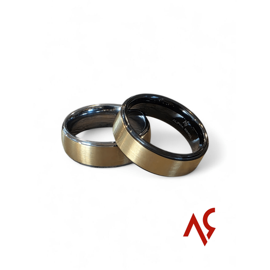 The Broker | Men's Gold Tungsten Carbide Wedding Band with Black or Polished Accents | Comfort Fit - Alpha Rings