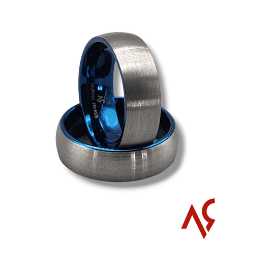 The Enforcer | Men's Silver Tungsten Carbide Wedding Band with Brushed Finish and Deep Blue Inner Sleeve - Alpha Rings