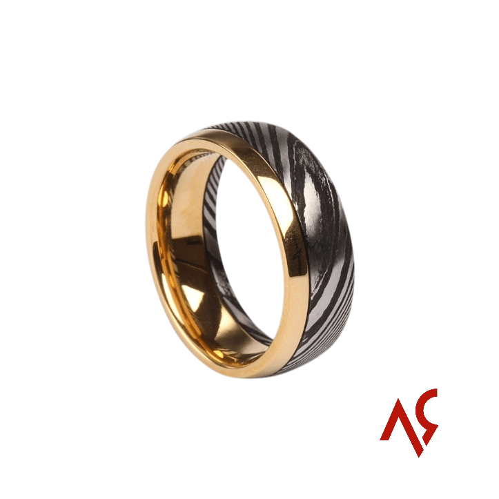 The Pathfinder | Men's Stainless Damascus Steel Wedding Band with Gold Plated and Sophisticated Design - Alpha Rings
