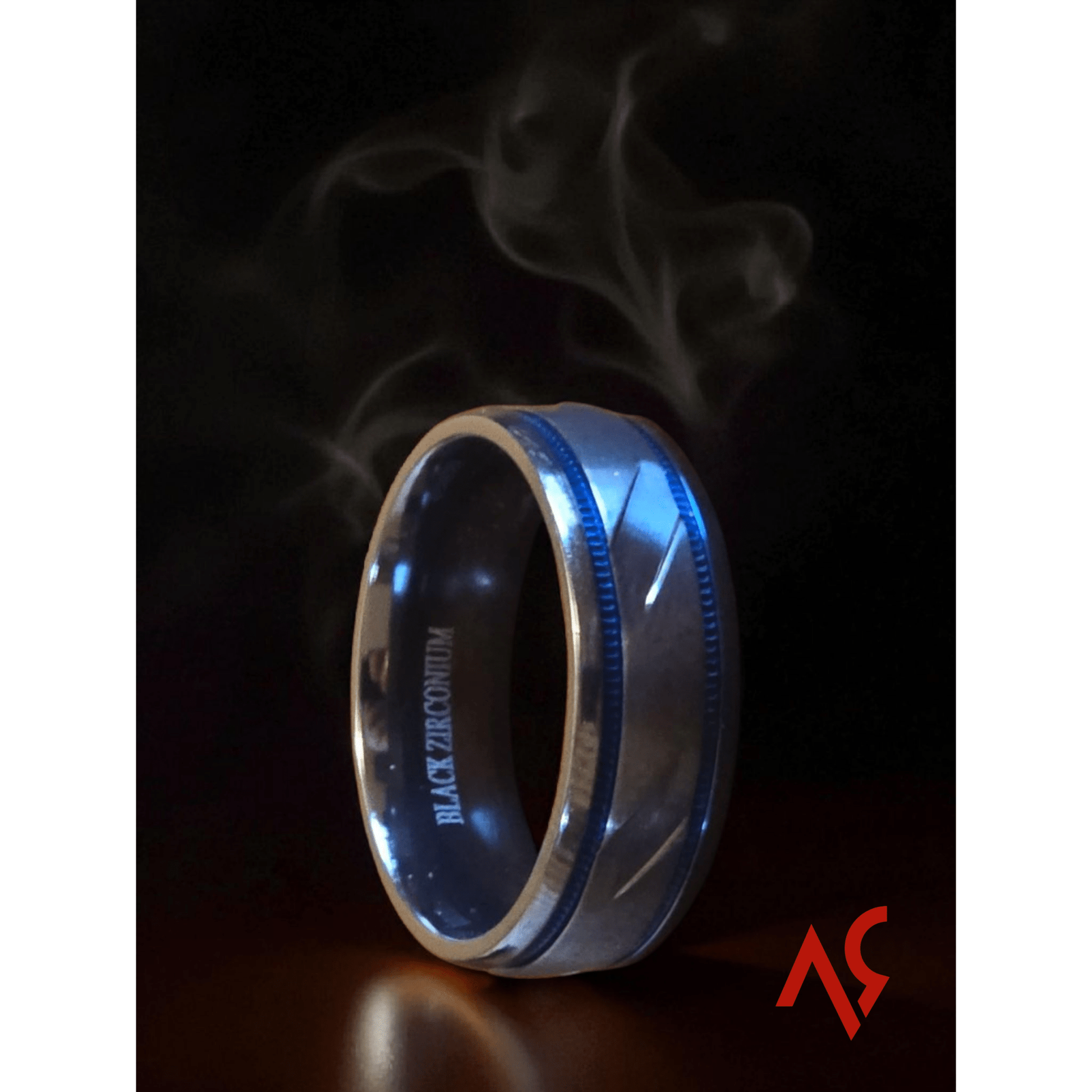 The Phantom | Men's Black Zirconium Wedding Band with Deep Blue Accent and Comfort Fit - Alpha Rings