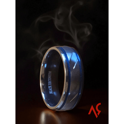 The Phantom | Men's Black Zirconium Wedding Band with Deep Blue Accent and Comfort Fit - Alpha Rings
