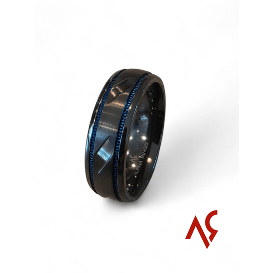 The Phantom | Men's Black Zirconium Wedding Band with Deep Blue Accent and Comfort Fit - Alpha Rings