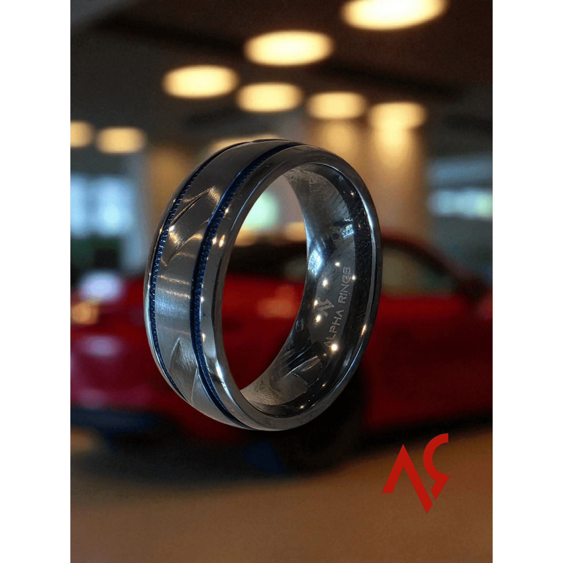 The Phantom | Men's Black Zirconium Wedding Band with Deep Blue Accent and Comfort Fit - Alpha Rings