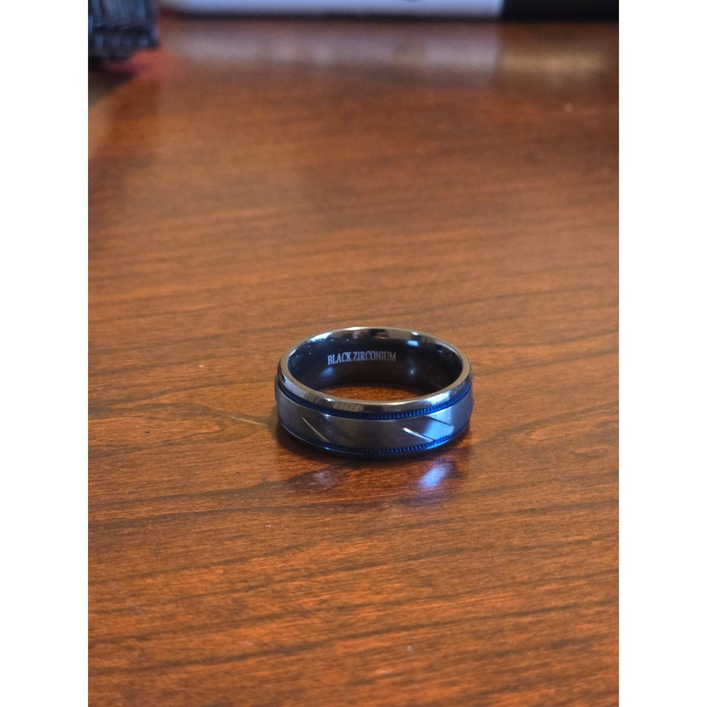 The Phantom | Men's Black Zirconium Wedding Band with Deep Blue Accent and Comfort Fit - Alpha Rings