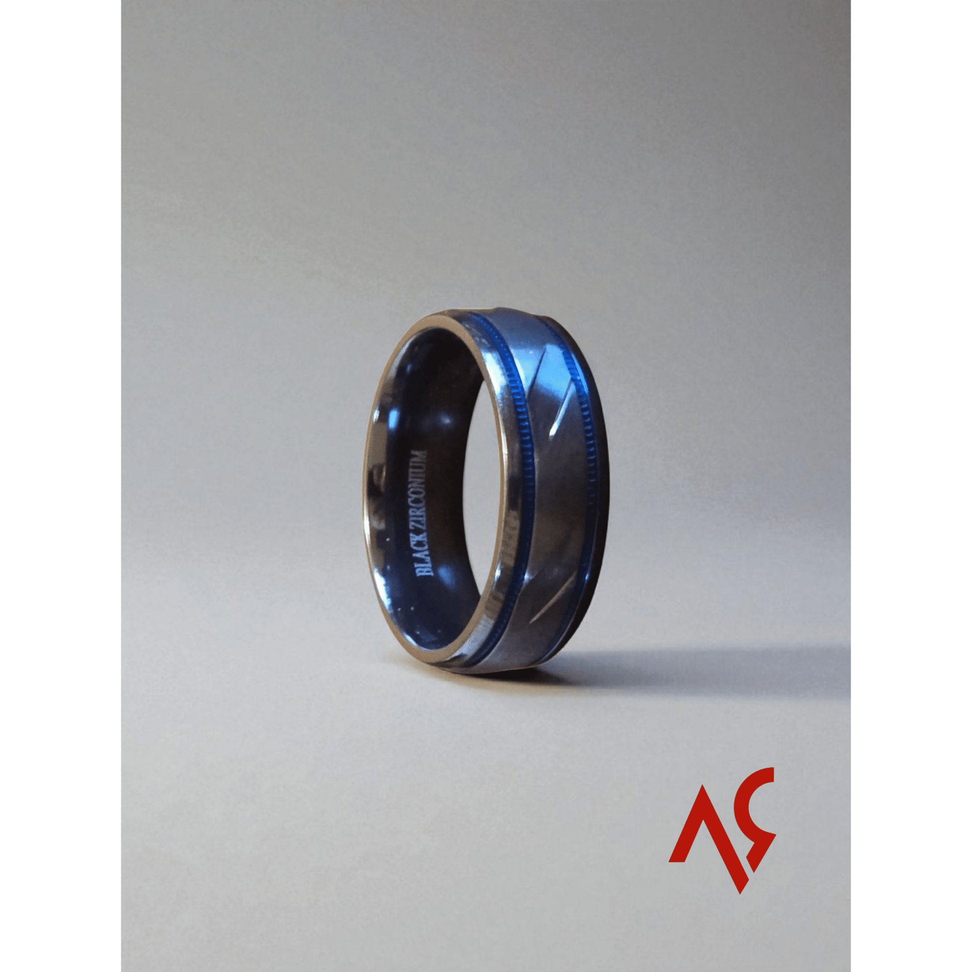 The Phantom | Men's Black Zirconium Wedding Band with Deep Blue Accent and Comfort Fit - Alpha Rings