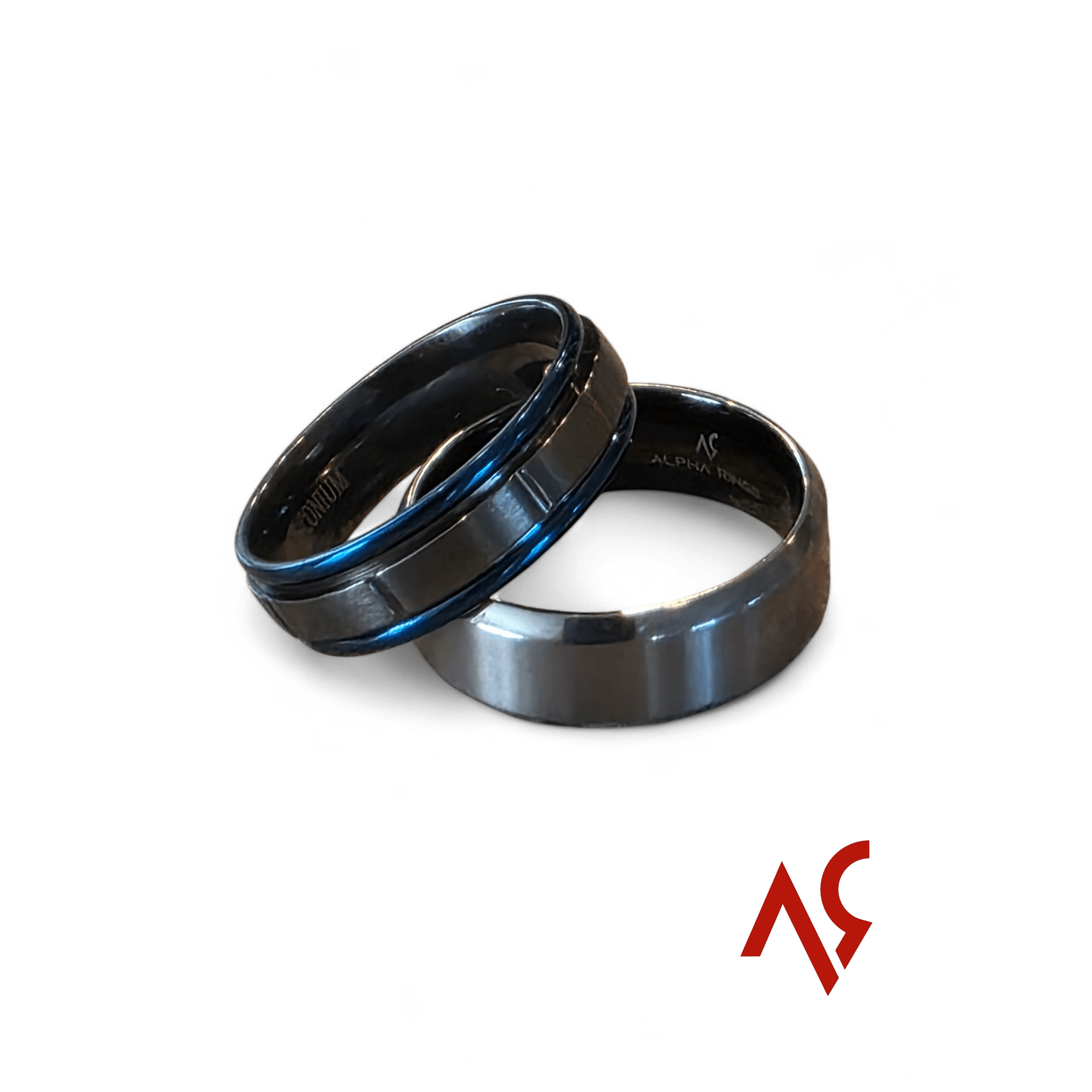The Specter | Men's Black Zirconium Wedding Band with Deep Blue Accent and Comfort Fit - Alpha Rings