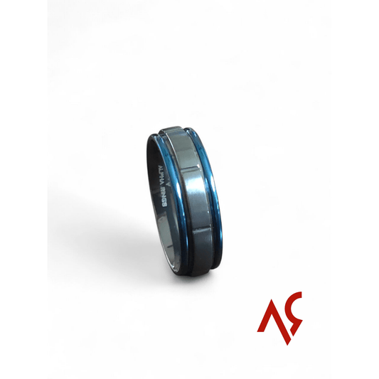 The Specter | Men's Black Zirconium Wedding Band with Deep Blue Accent and Comfort Fit - Alpha Rings