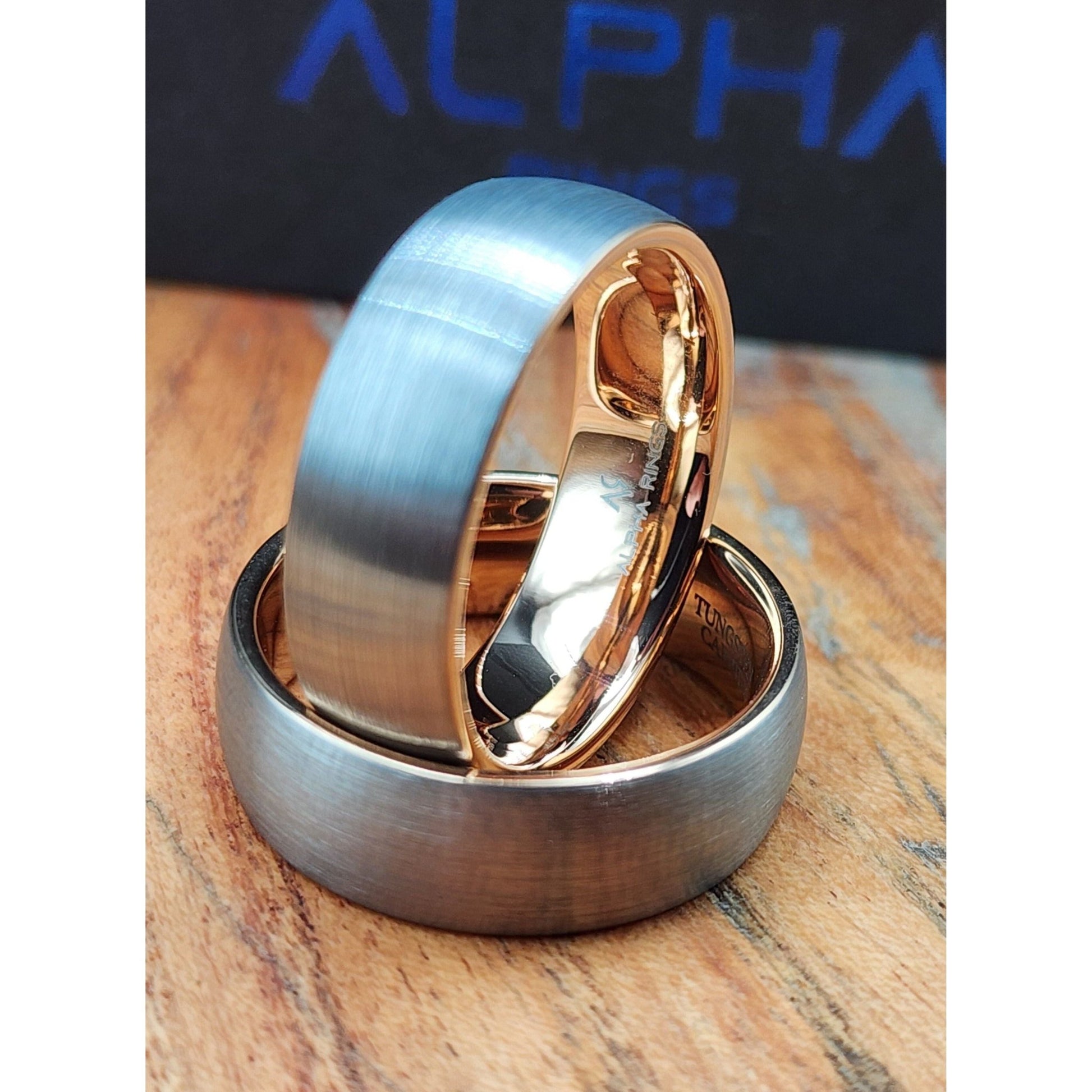 The Vanguard | Men's Brushed Tungsten Carbide Ring Wedding Band with Rose Gold - Colored Inner Sleeve - Alpha Rings