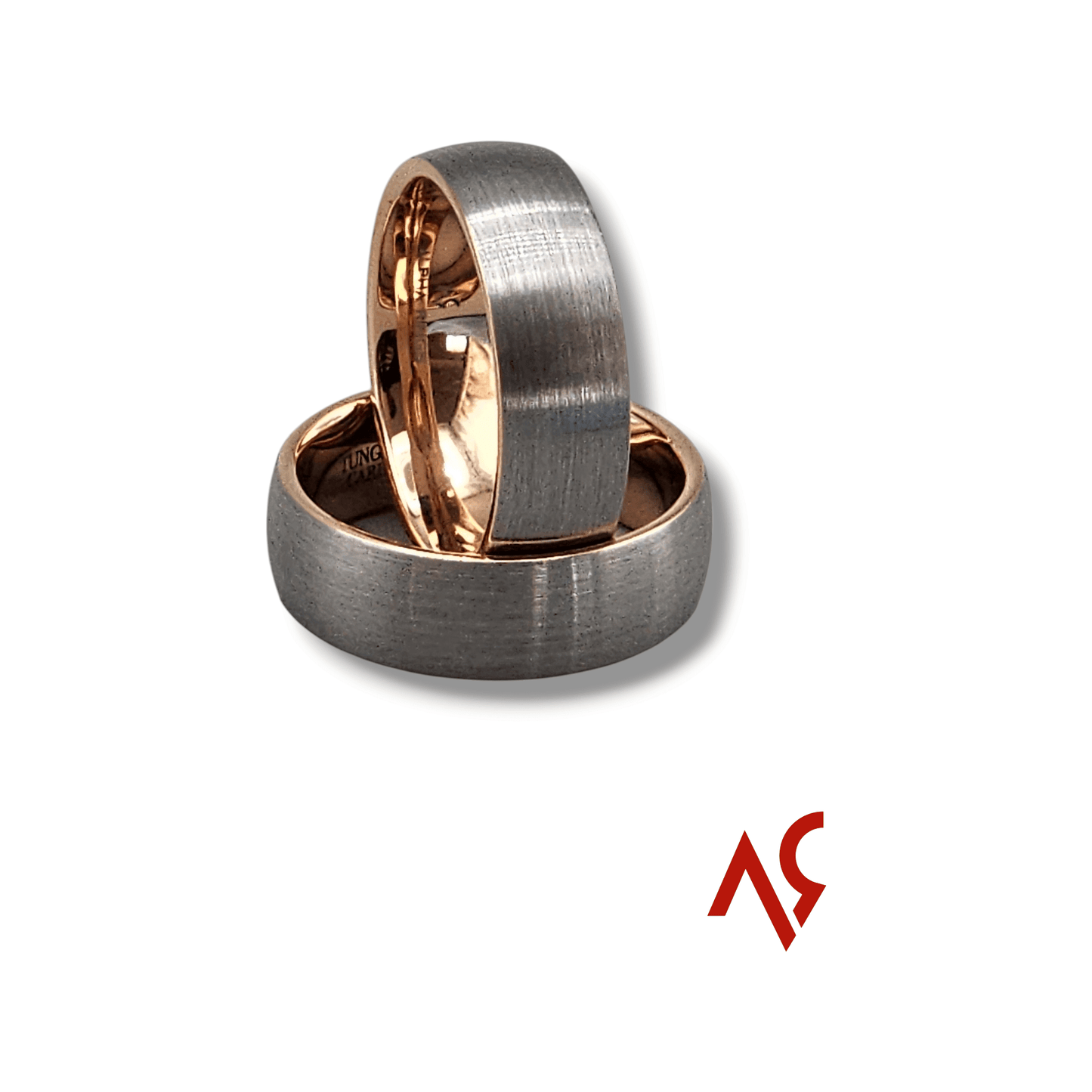 The Vanguard | Men's Brushed Tungsten Carbide Ring Wedding Band with Rose Gold - Colored Inner Sleeve - Alpha Rings